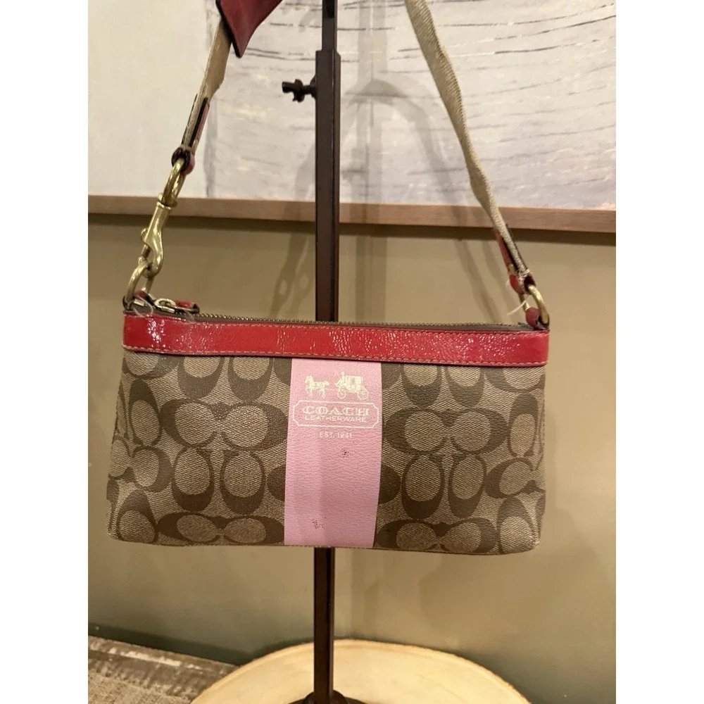 Coach Brown‎ Heritage Jacquard Pink Stripe Red Hobo Shoulder Bag Y2K
